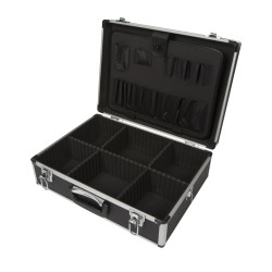 Valise aluminium noire BAGACASE VLM19-N ouverte avec ses compartiments