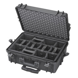 Valise étanche BAGAMAX PNR-505 coloris noir ouverte avec diviseurs rembourrés et organisateur de couvercle avec trolley