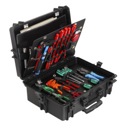 Valise étanche BAGAMAX PNR-505 coloris noir ouverte avec à outils et trolley
